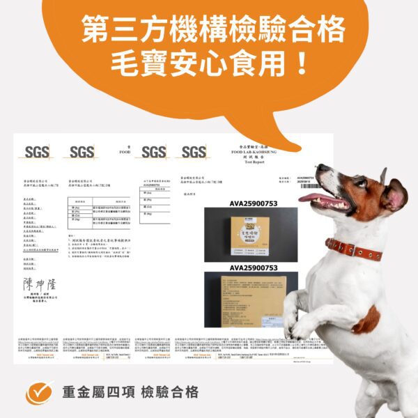 寵物保健品安全認證圖，展示 SGS 或第三方機構檢驗合格報告書，右側有一隻開心的傑克羅素㹴犬，上方標語為「第三方機構檢驗合格，毛寶安心食用！」，強調安全無虞。