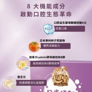 寵物口腔益生菌推薦，8 大機能成分包含專利 K12 貓狗口腔益生菌改善口臭，搭配日本柿子萃取寵物除臭粉具備優秀消臭能力。添加犬貓口腔健康後生元配方快速調整菌群，並提供加拿大酵母 B 群與寵物牙齦紅腫保健補充，是改善狗狗貓咪口臭方法的全方位方案。