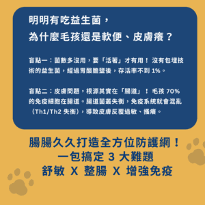 寵物益生菌推薦：探討毛孩皮膚過敏與腸道菌叢失衡的關係。說明腸道擁有 70% 免疫細胞，並解釋為何具備包埋技術的益生菌能解決軟便與皮膚癢困擾。