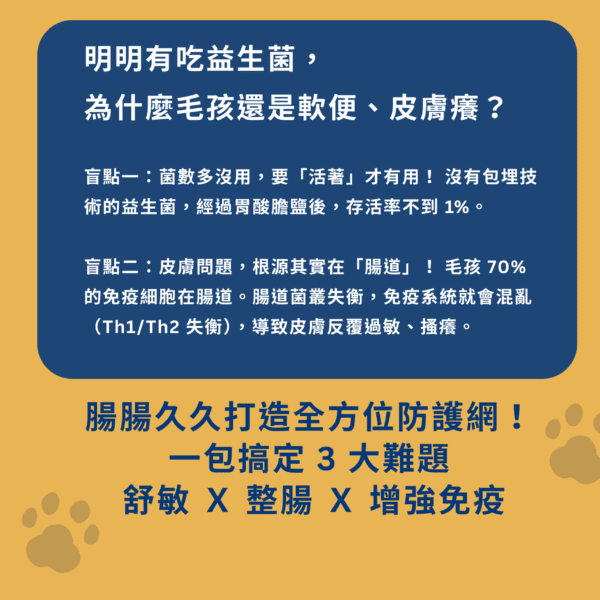 【毛孩健康盲點】為什麼吃益生菌還是軟便皮膚癢?解析腸道菌叢與免疫平衡 寵物益生菌推薦:探討毛孩皮膚過敏與腸道菌叢失衡的關係。說明腸道擁有 70% 免疫細胞,並解釋為何具備包埋技術的益生菌能解決軟便與皮膚癢困擾。
