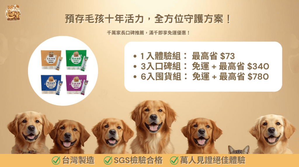 毛健寶寵物保健品全方位守護方案：包含爆毛、關節、口腔、腸胃益生菌，多入組最高省780元並享免運優惠，台灣製造 SGS 檢驗合格。