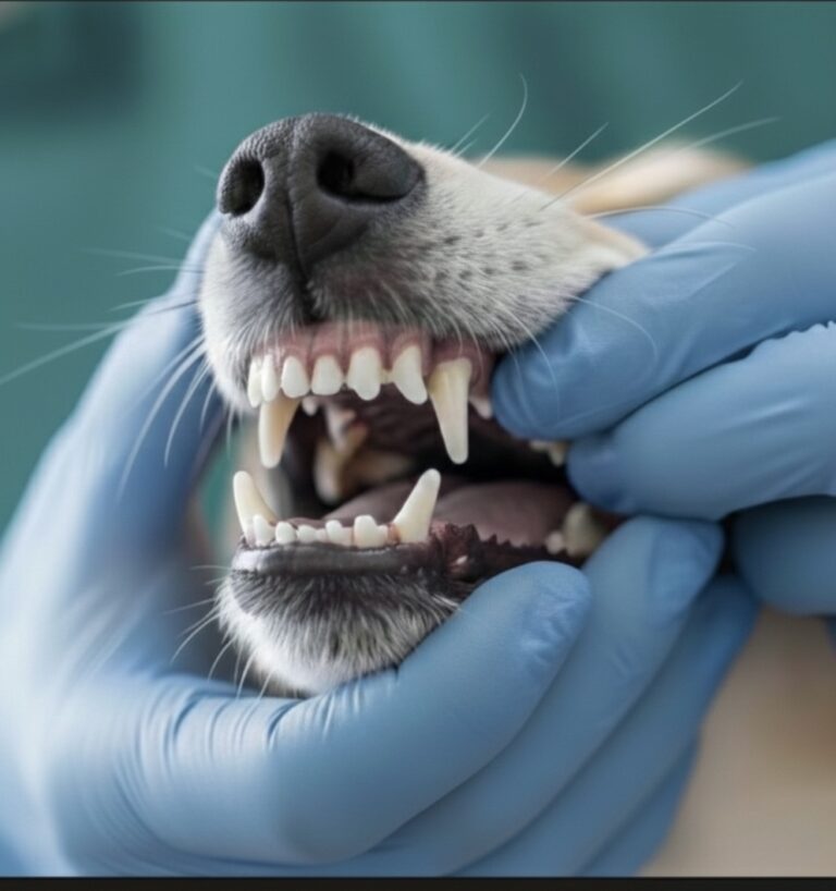 獸醫佩戴藍色手套檢查狗狗牙齒,展示健康的齒齦微生態與預防寵物口臭的專業護理