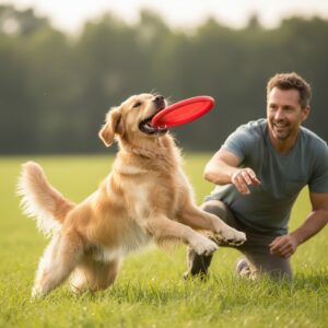 黃金獵犬在草地上開心接飛盤，展現寵物關節修復後的健康行動力