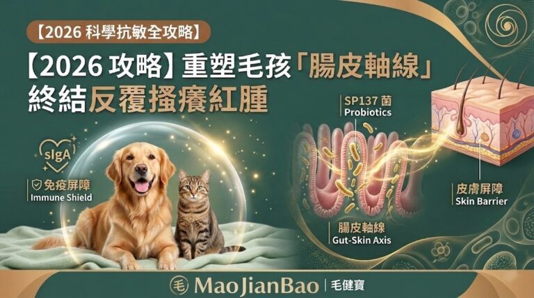 毛健寶 2026 科學抗敏全攻略：透過 SP137 定殖技術與腸皮軸線機制，重塑狗狗貓咪免疫屏障，終結皮膚搔癢紅腫。