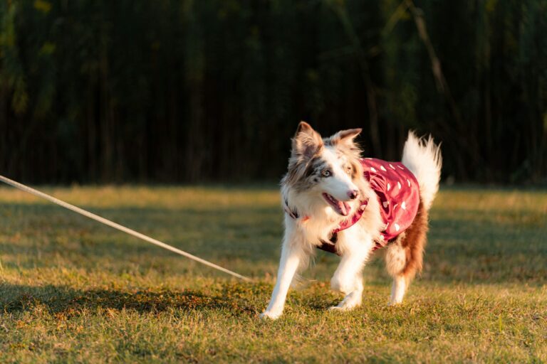 一隻穿著帶有金色心形圖案紅色斗篷的長毛邊境牧羊犬,在夕陽下的草地上興奮地奔跑,一條長牽繩在牠身後延伸。