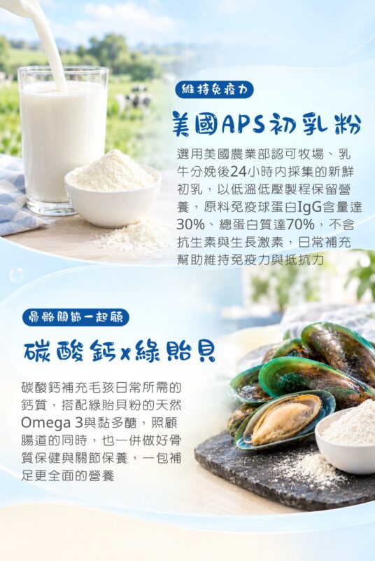 美國APS初乳粉富含免疫球蛋白IgG維持免疫力,碳酸鈣與綠貽貝粉補充鈣質與Omega-3