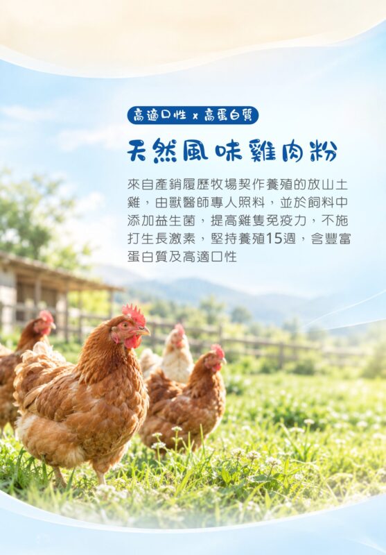天然風味雞肉粉,嚴選產銷履歷牧場契作放山土雞,提供優質蛋白質、適口性高