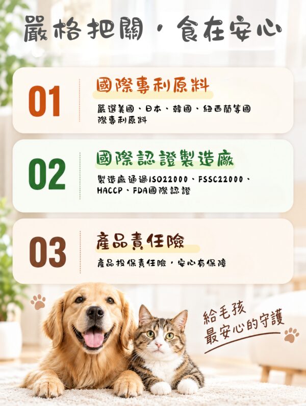 嚴格把關,食在安心 毛健寶嚴格把關,攜手20年營養師團隊、國際認證製造廠、產品投保責任險