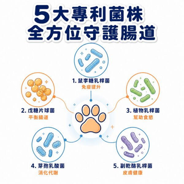 腸腸久久益生菌-SP137五大專利菌株功效 SP137益生菌5大專利菌株介紹,全方位守護犬貓腸道健康