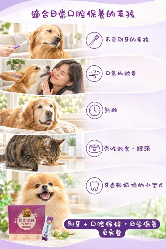 適合日常口腔保養的毛孩，不愛刷牙、口氣比較重、熟齡、常吃軟食罐頭、牙齒擁擠的小型犬