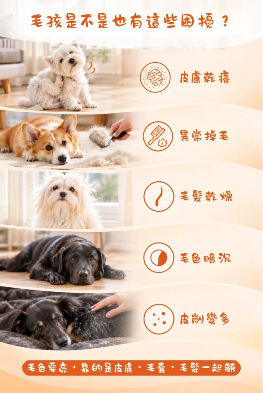 犬貓常見皮毛困擾,皮膚乾癢、異常掉毛、毛髮乾燥、毛色暗沉、皮屑變多