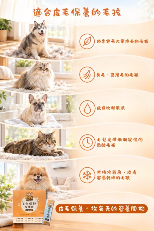 適合皮毛保養的毛孩,換季大量掉毛、長毛雙層毛、皮膚比較敏感、熟齡毛孩、常待冷氣房的毛孩