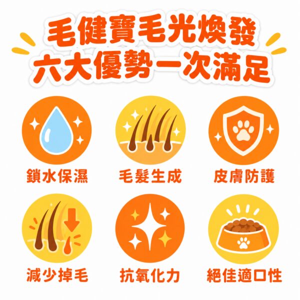 毛光煥發保健粉-六大優勢總覽 毛健寶毛光煥發六大優勢一次滿足,鎖水保濕毛髮生成皮膚防護