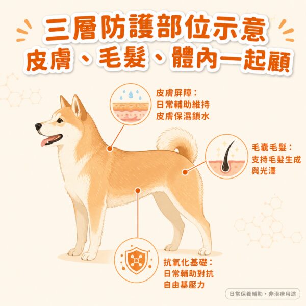 皮膚屏障毛囊毛髮抗氧化基礎三層防護示意圖,日常保養輔助犬貓皮毛健康