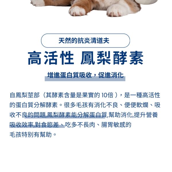 寵物益生菌推薦：添加高活性鳳梨酵素，萃取自酵素含量高 10 倍的鳳梨莖部。幫助貓狗分解蛋白質、促進消化，針對軟便、食慾差、吸收不良或腸胃敏感的毛孩，能有效提升營養吸收率。