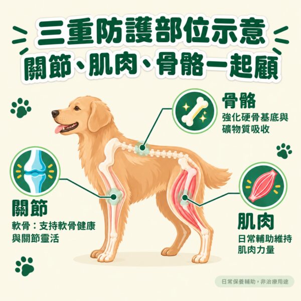 軟骨肌肉骨骼三重防護部位示意圖，日常保養輔助犬貓關節活動力