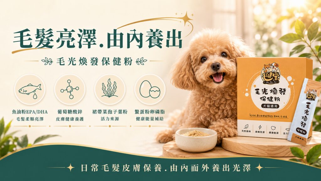 貴賓犬與毛健寶毛光煥發保健粉，展示魚油粉EPA/DHA、葡萄糖酸鋅與鱉蛋粉卵磷脂成分